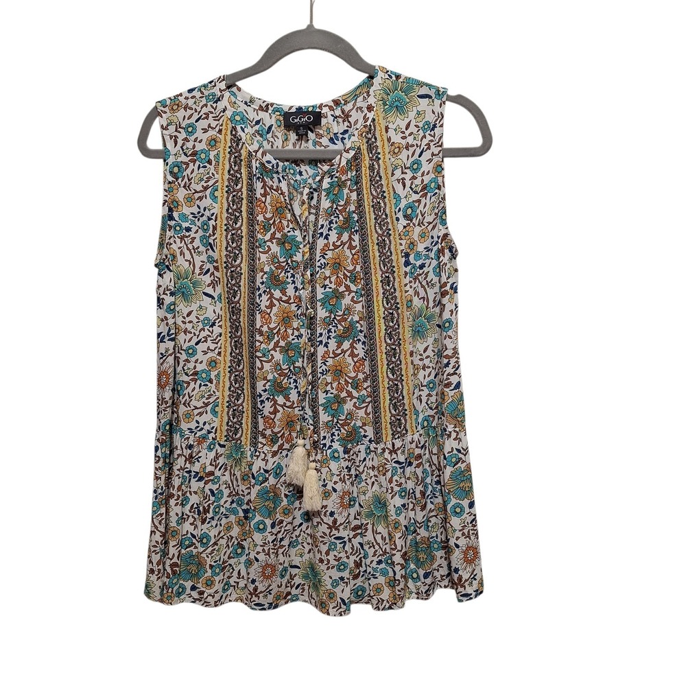 GiGiO USA Womens Small Tassle Tie Neck Top Boho Floral Ruffle Sleeveless Rayon